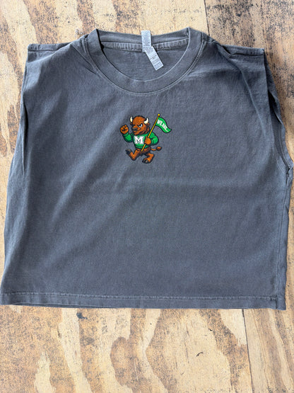 Vintage black muscle tee with Marshall University bison mascot graphic holding We Are flag