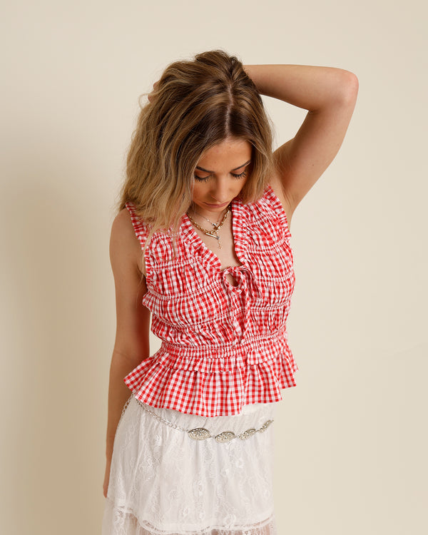 red and white gingham smocked tank top