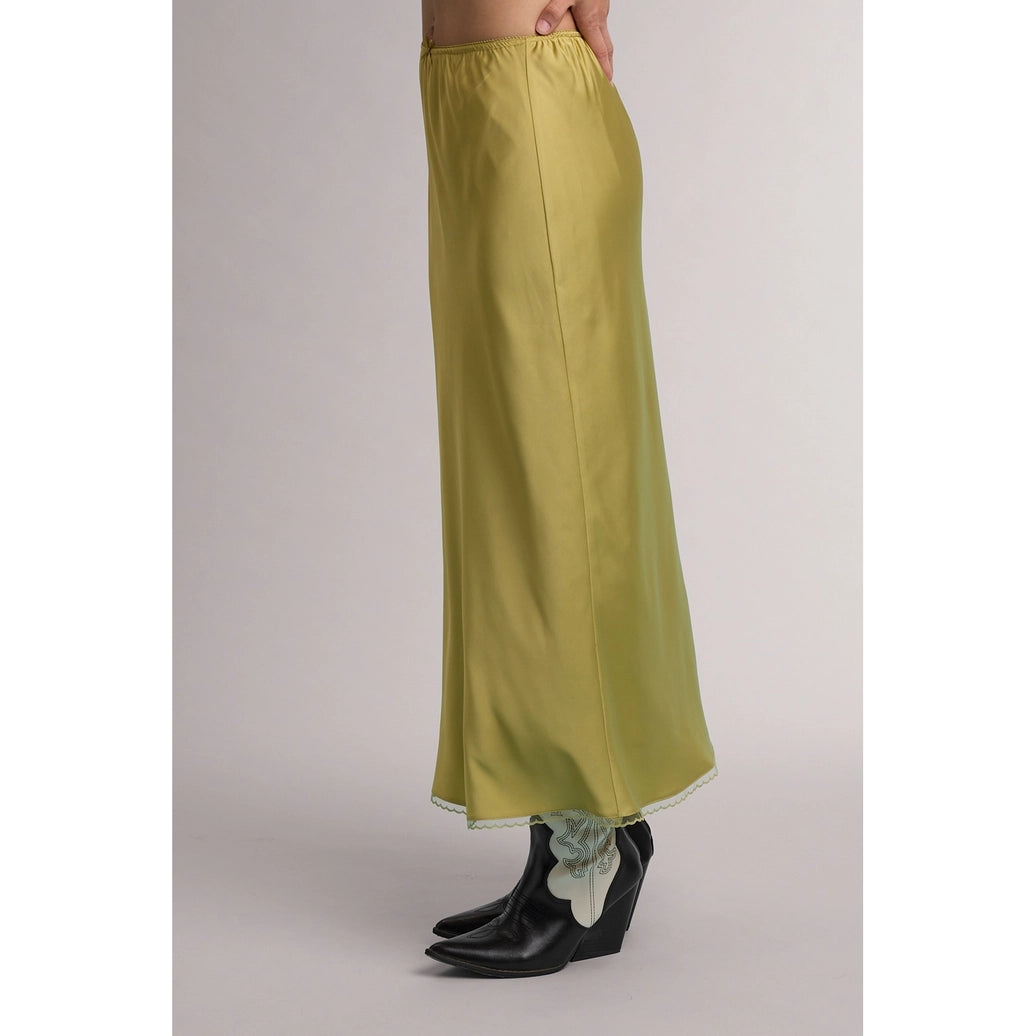 Olive green satin midi skirt with lace trim hem, elastic waist, side view
