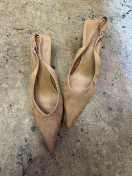 Honey suede pointed-toe slingback heels with gold buckle strap, top view