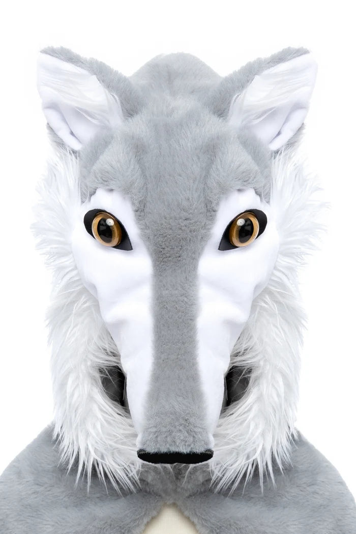 Gray and white plush wolf costume head with amber eyes and pointed ears