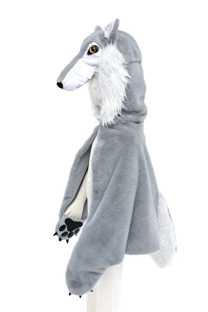 Gray wolf costume cape with sculpted hood, white fur trim, paw sleeves, and tail
