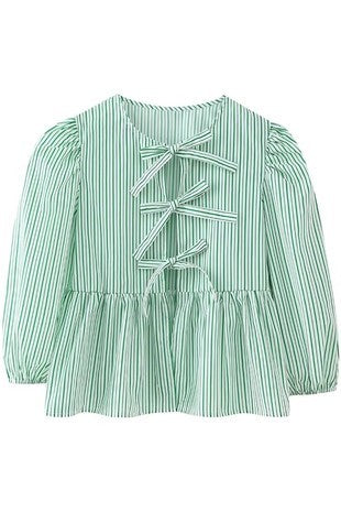 green striped puff sleeves and front tie peplum style top