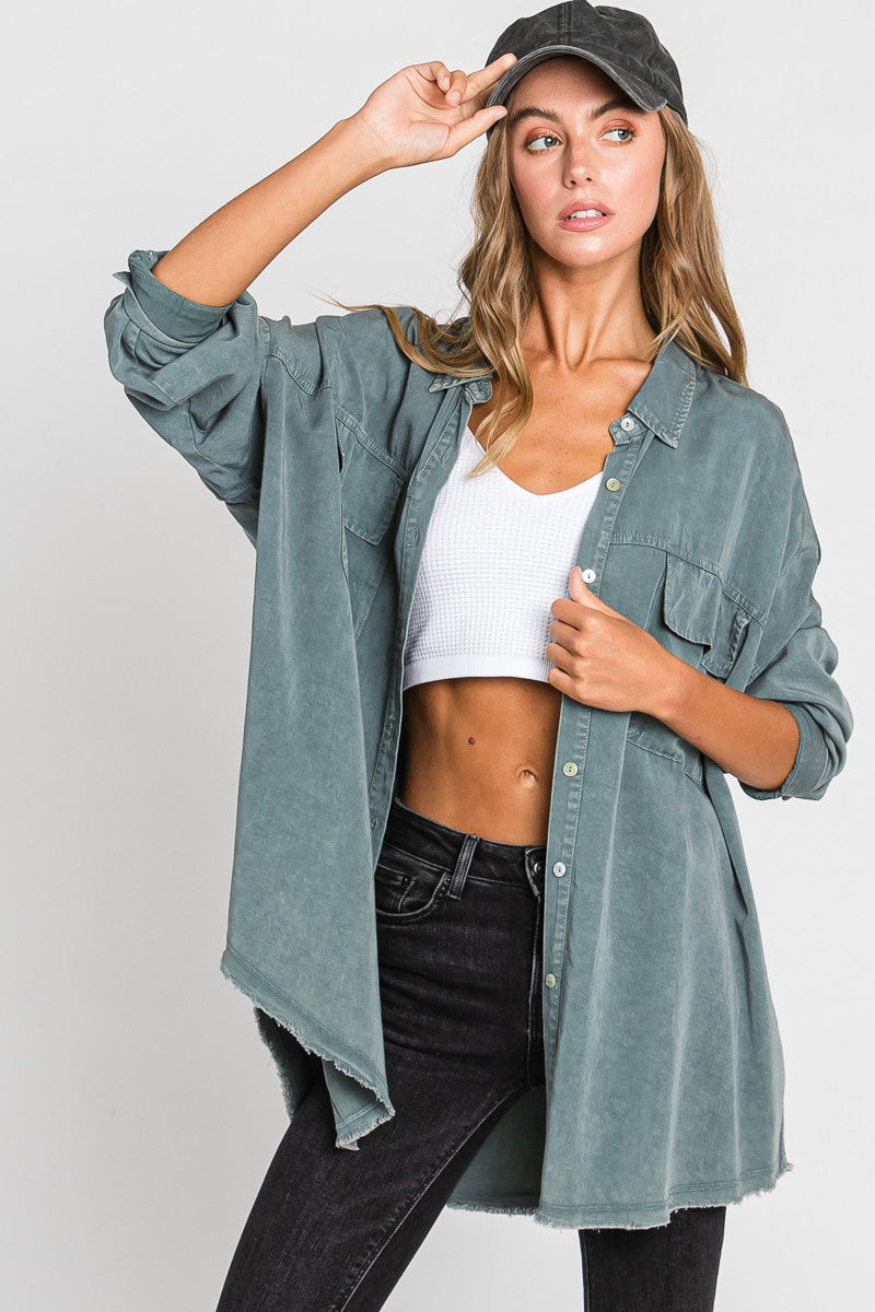 VINTAGE MINERAL WASH BUTTON UP LONG SLEEVE SHIRT IN SAGE GREEN - THE HIP EAGLE BOUTIQUE