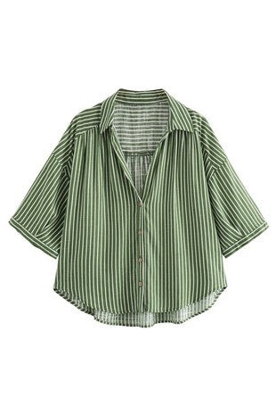 green striped short sleeve button up shirt