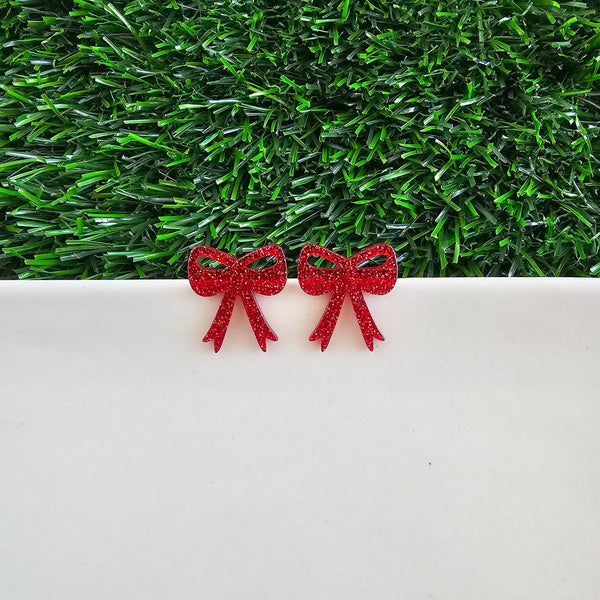 RED GLITTER BOW STUD EARRINGS