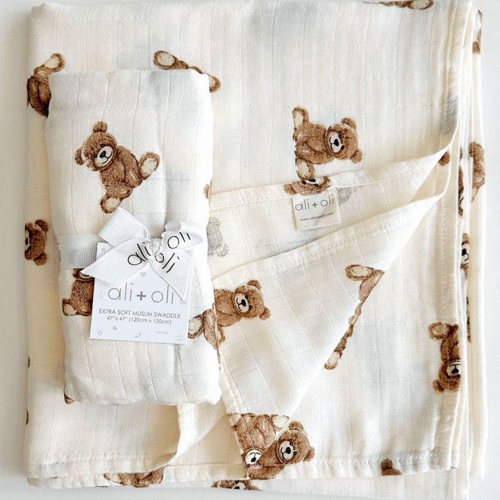 NURSERY BAMBOO MUSLIN SWADDLE BLANKET X TEDDY BEARS