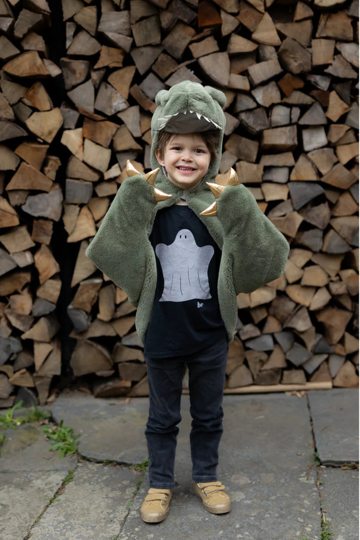 Child wearing green plush T-rex dinosaur cape with hood and gold spikes