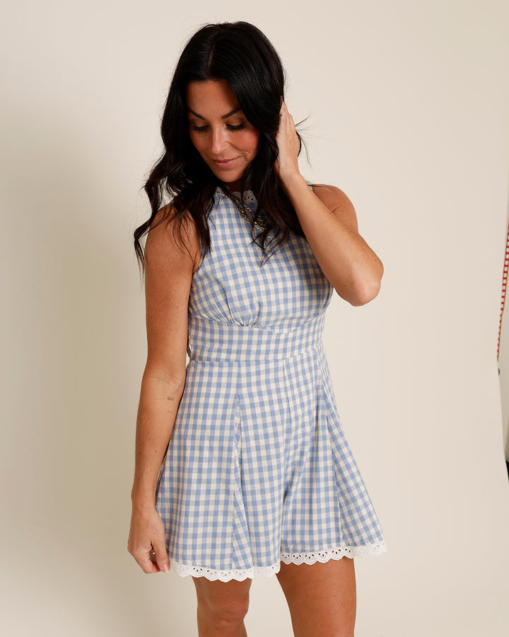 ONE AND ONLY LACE TRIM ROMPER X BLUE GINGHAM