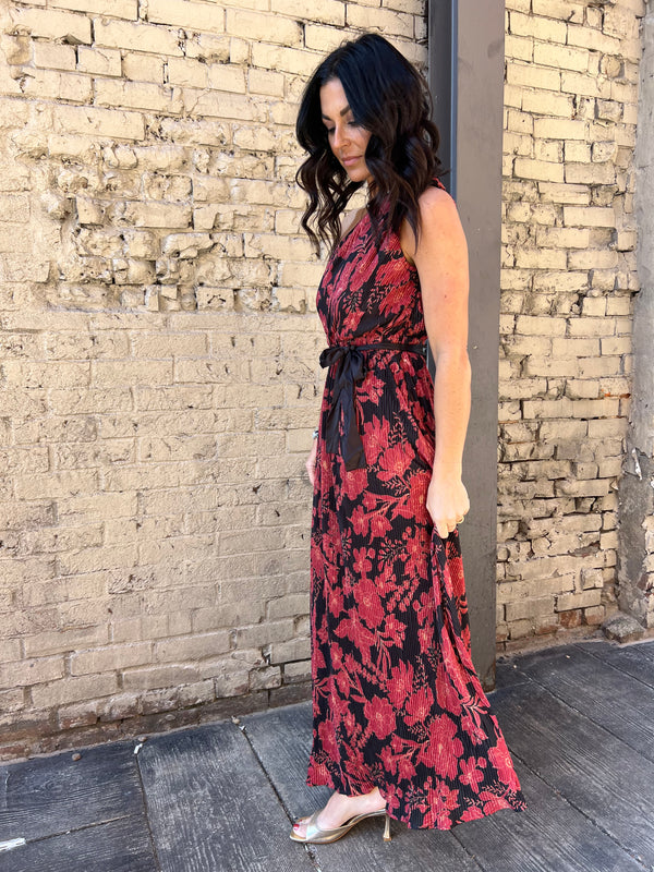 one shoulder red floral pleated maxi dress