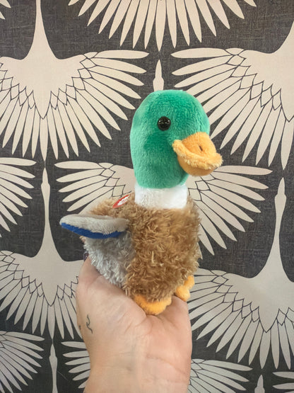 Mary Meyer mallard duck stuffed animal with green head, brown body, orange beak and feet