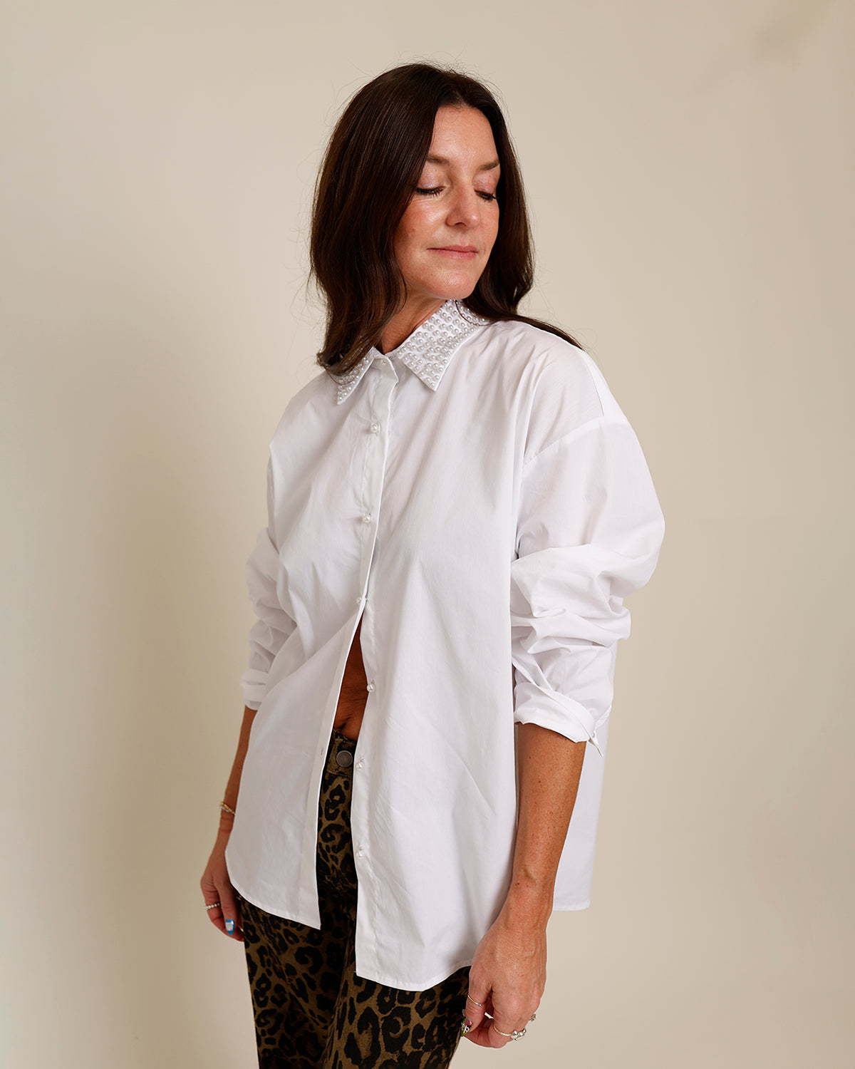 pearl embellished white long sleeve button down shirt