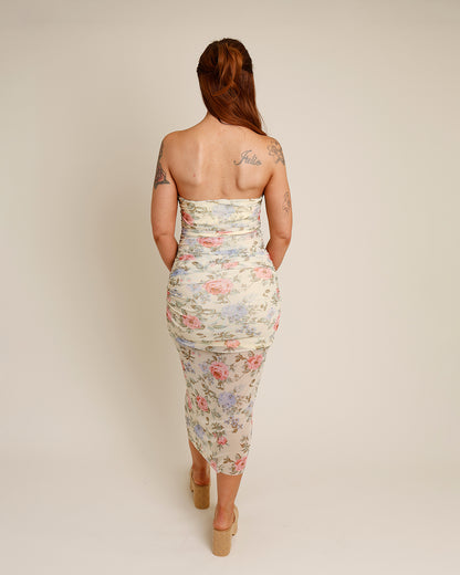 CASSIDY STRAPLESS FLORAL MESH SHIRRED MIDI DRESS