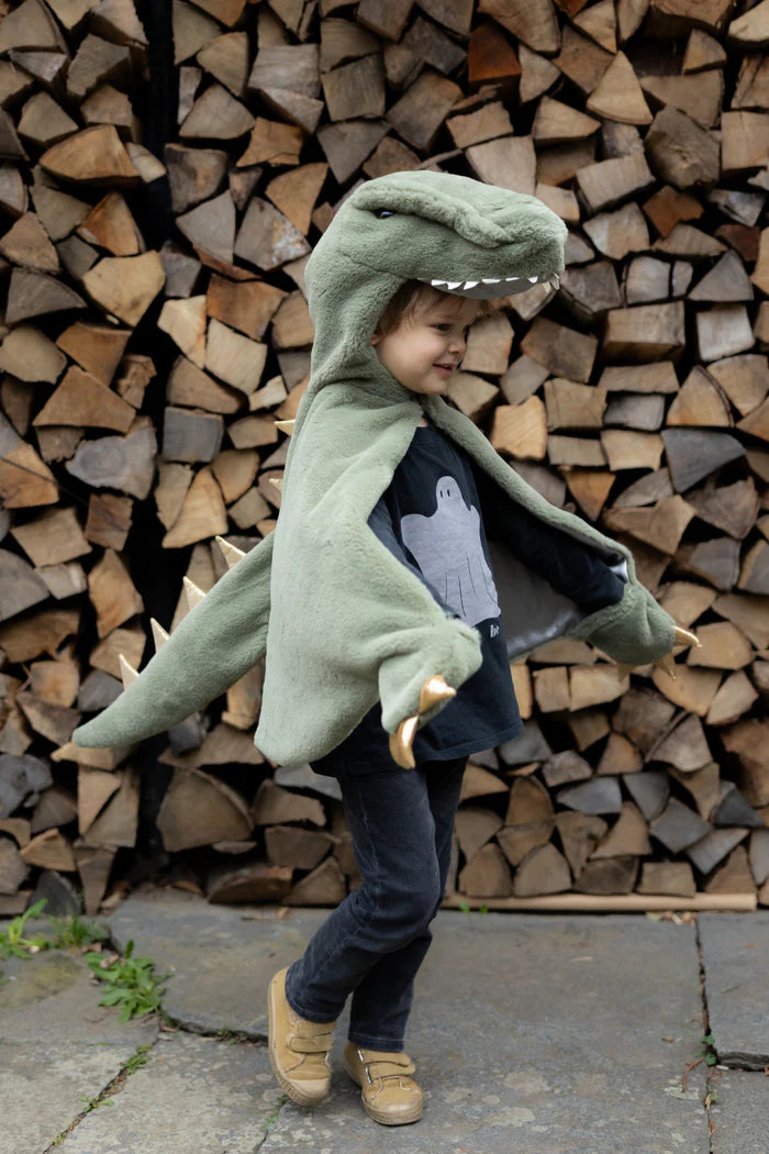 Child wearing green fleece T-rex dinosaur cape costume with hood and claws