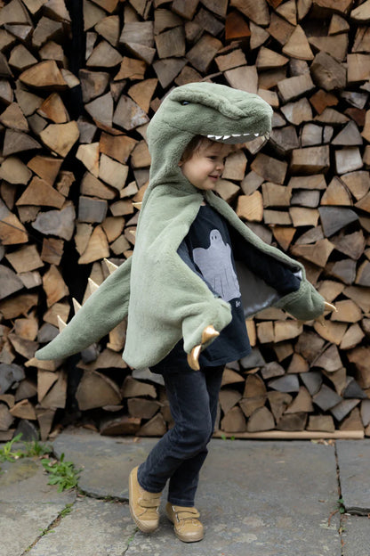 Child wearing green fleece T-rex dinosaur cape costume with hood and claws