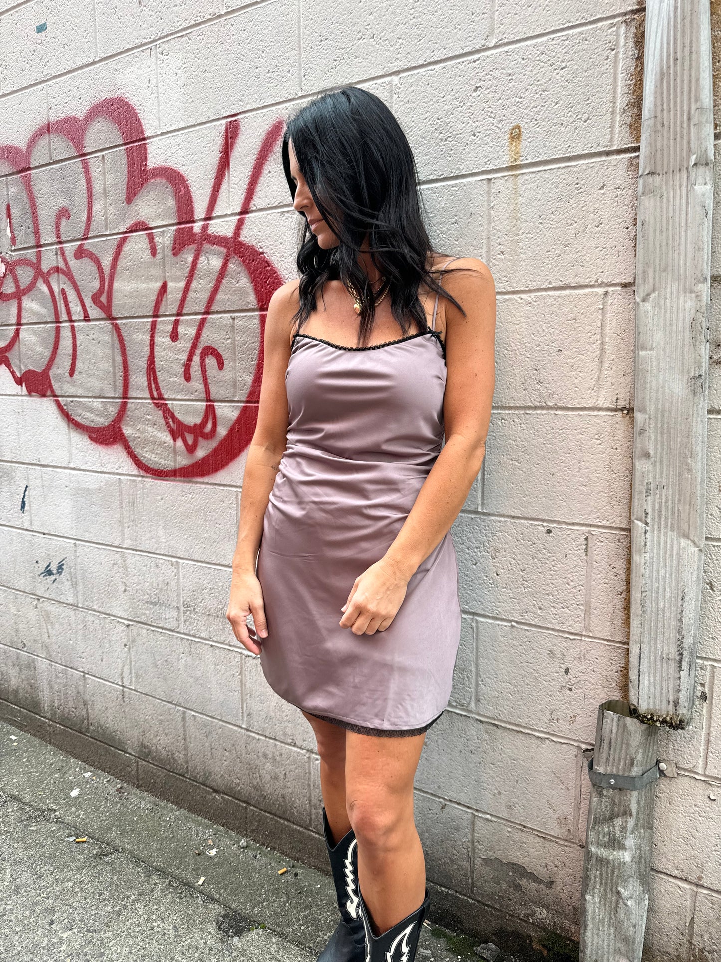 mauve champagne mini satin slip dress