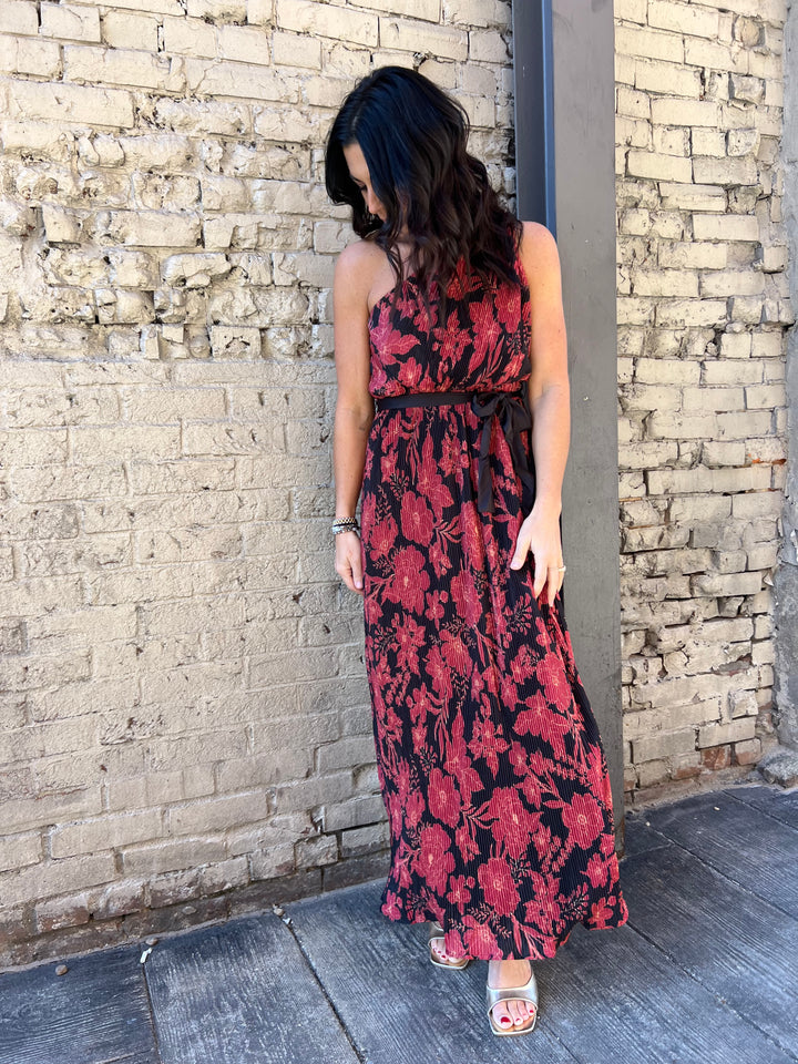 red floral pleated midi dress