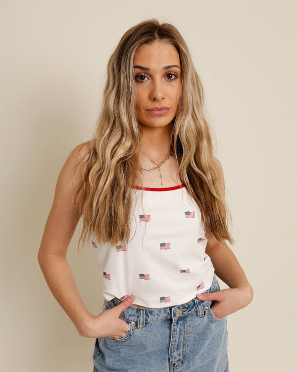 American flag white tank top