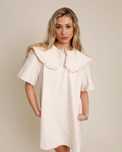 Cream mini dress with oversized ruffle Peter Pan collar and short sleeves