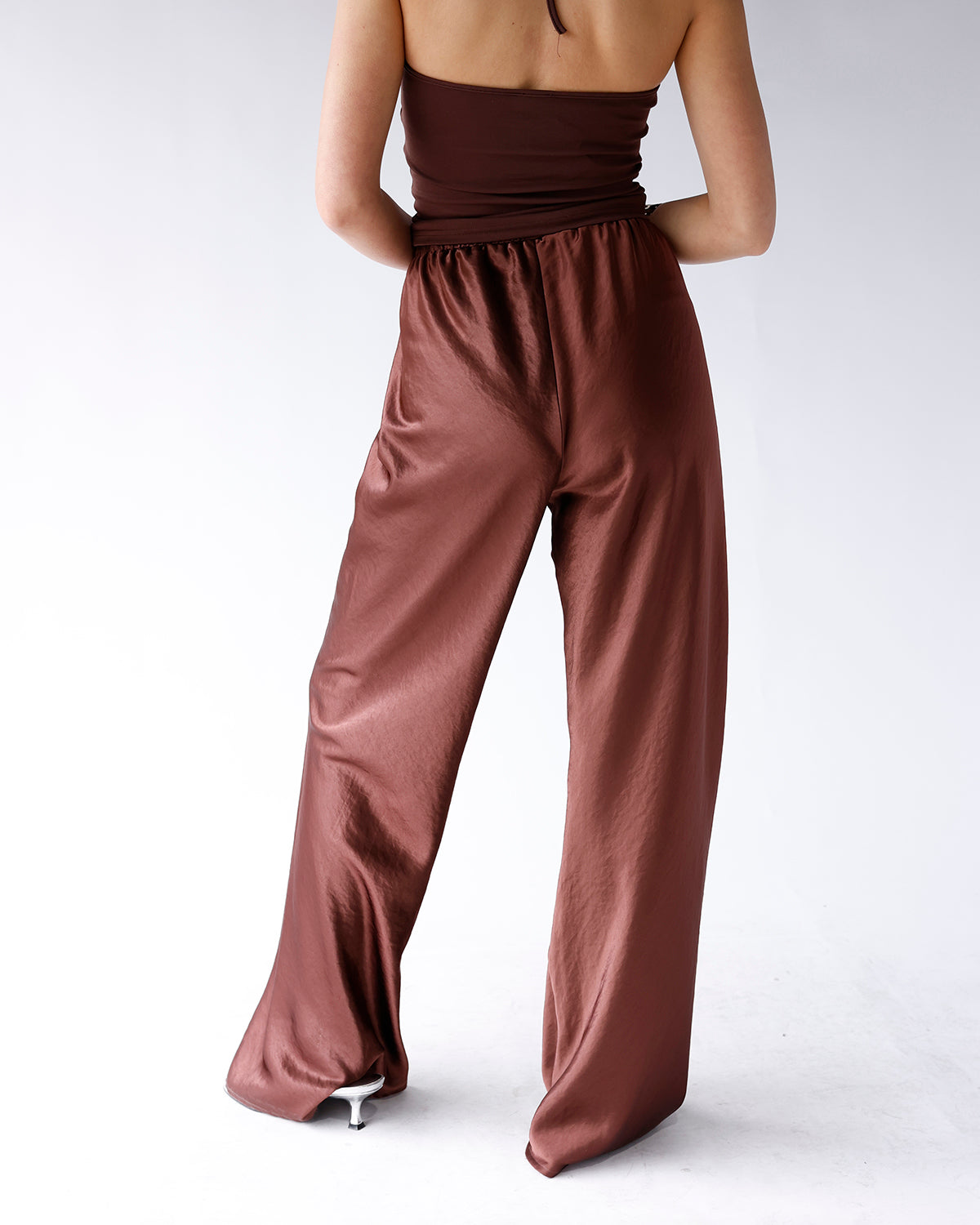 HIP CHOCOLATE SATIN WIDE LEG PANTS