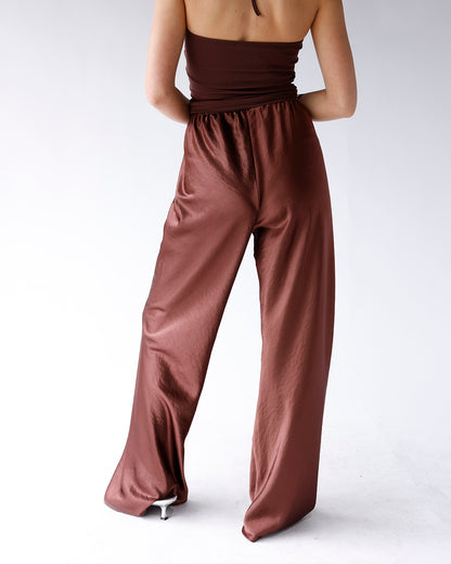 HIP CHOCOLATE SATIN WIDE LEG PANTS