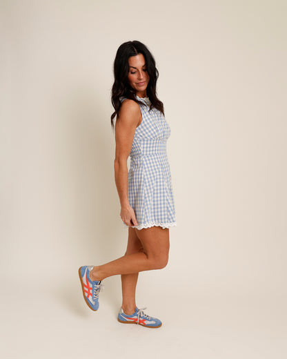 ONE AND ONLY LACE TRIM ROMPER X BLUE GINGHAM