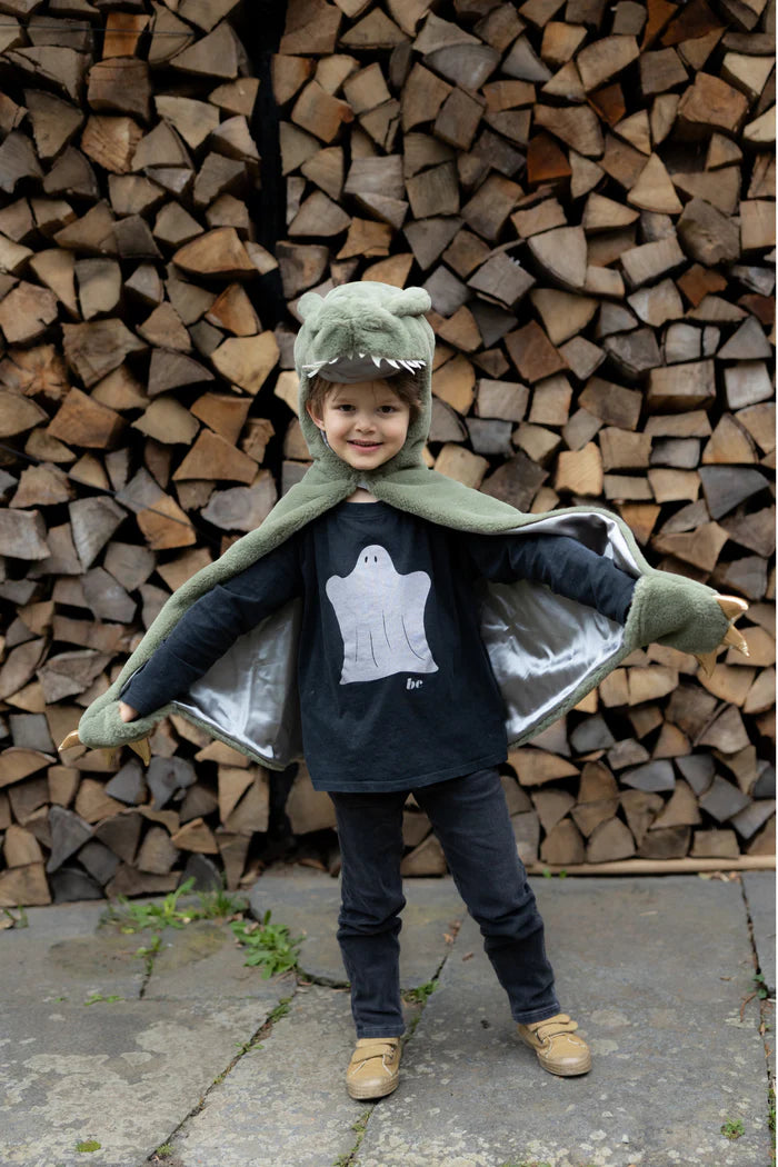 Child wearing green T-rex dinosaur cape costume with hood and silver lining