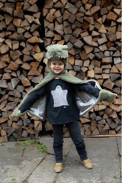 Child wearing green T-rex dinosaur cape costume with hood and silver lining