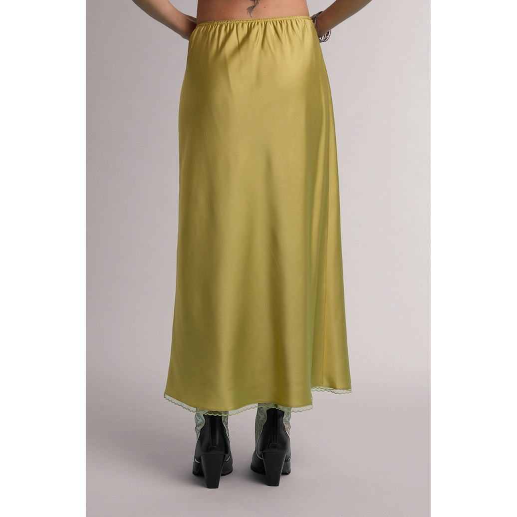 Olive green satin midi skirt with lace trim hem, elastic waist, back view