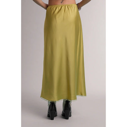 Olive green satin midi skirt with lace trim hem, elastic waist, back view