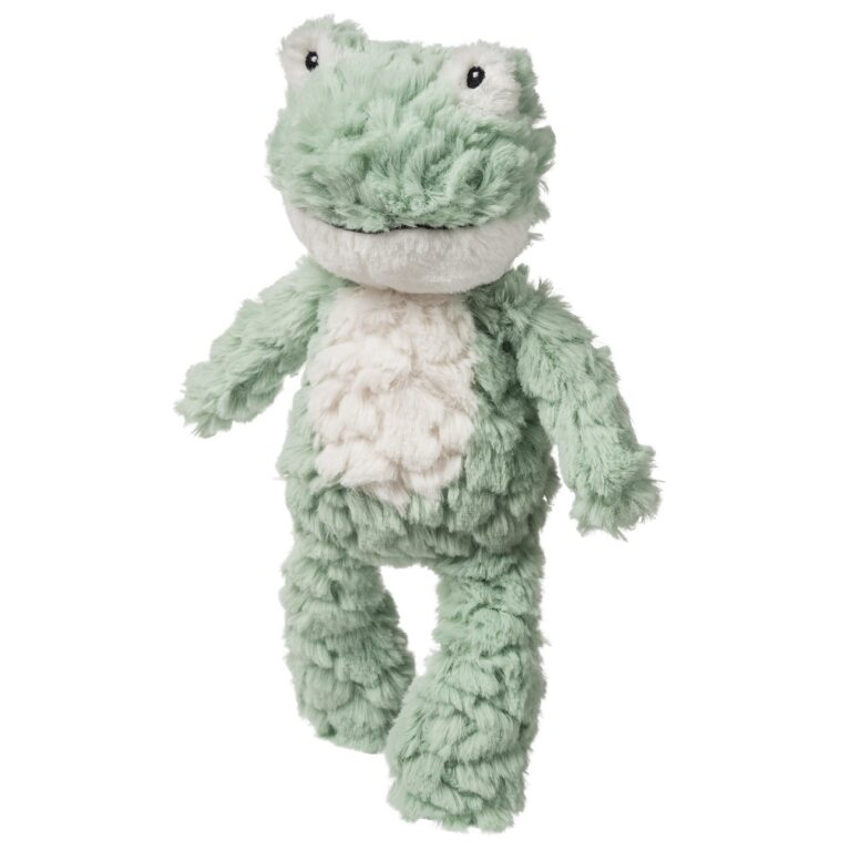 Mary Meyer mint green plush frog stuffed animal with cream belly and textured fur