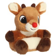 Aurora palm pal Rudolph plush toy with red nose, brown fur, sitting pose