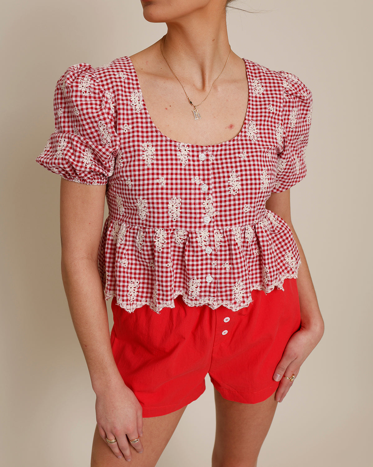 LET'S GRAB LUNCH GINGHAM PUFF SLEEVE CROPPED TOP