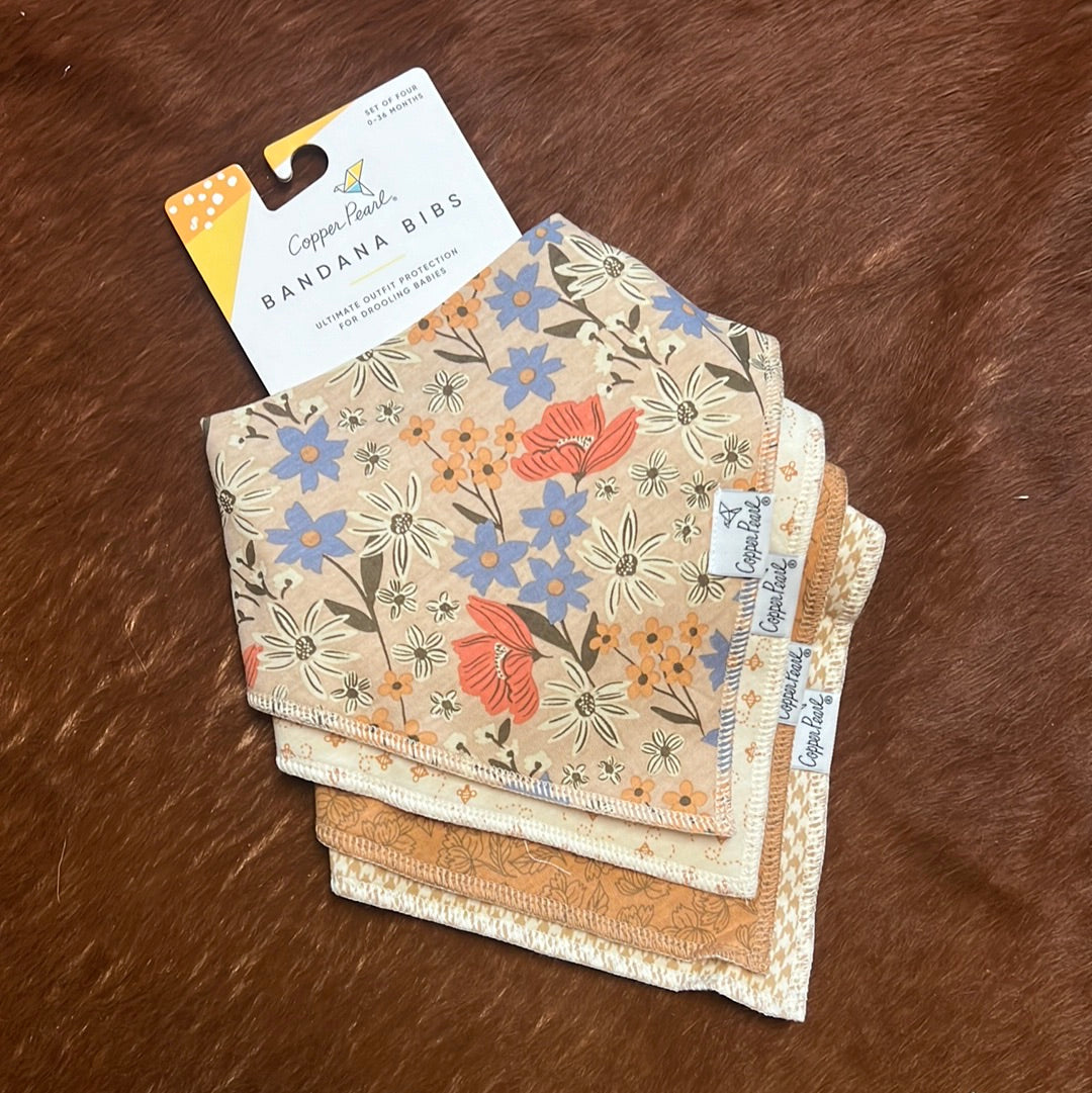 Copper Pearl Eden bandana bibs set of four, floral patterns in tan, blue, coral, gold