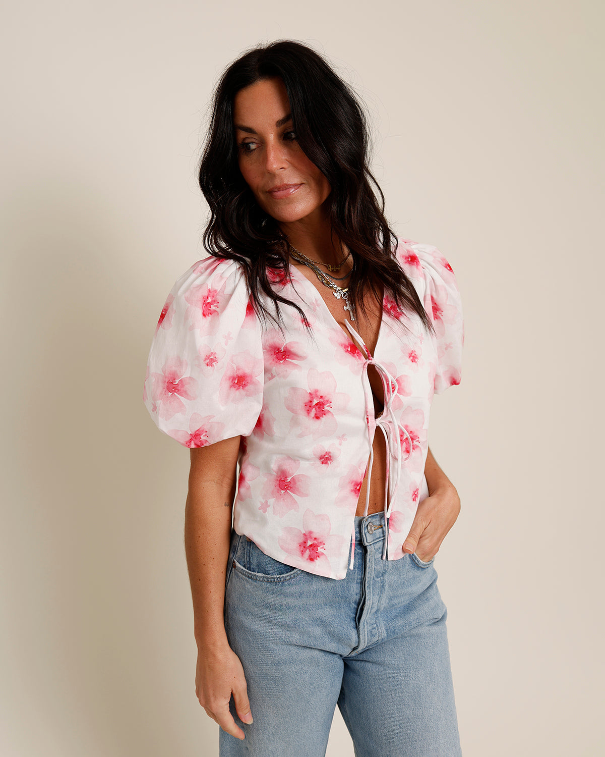pink floral print puff sleeve tie front top
