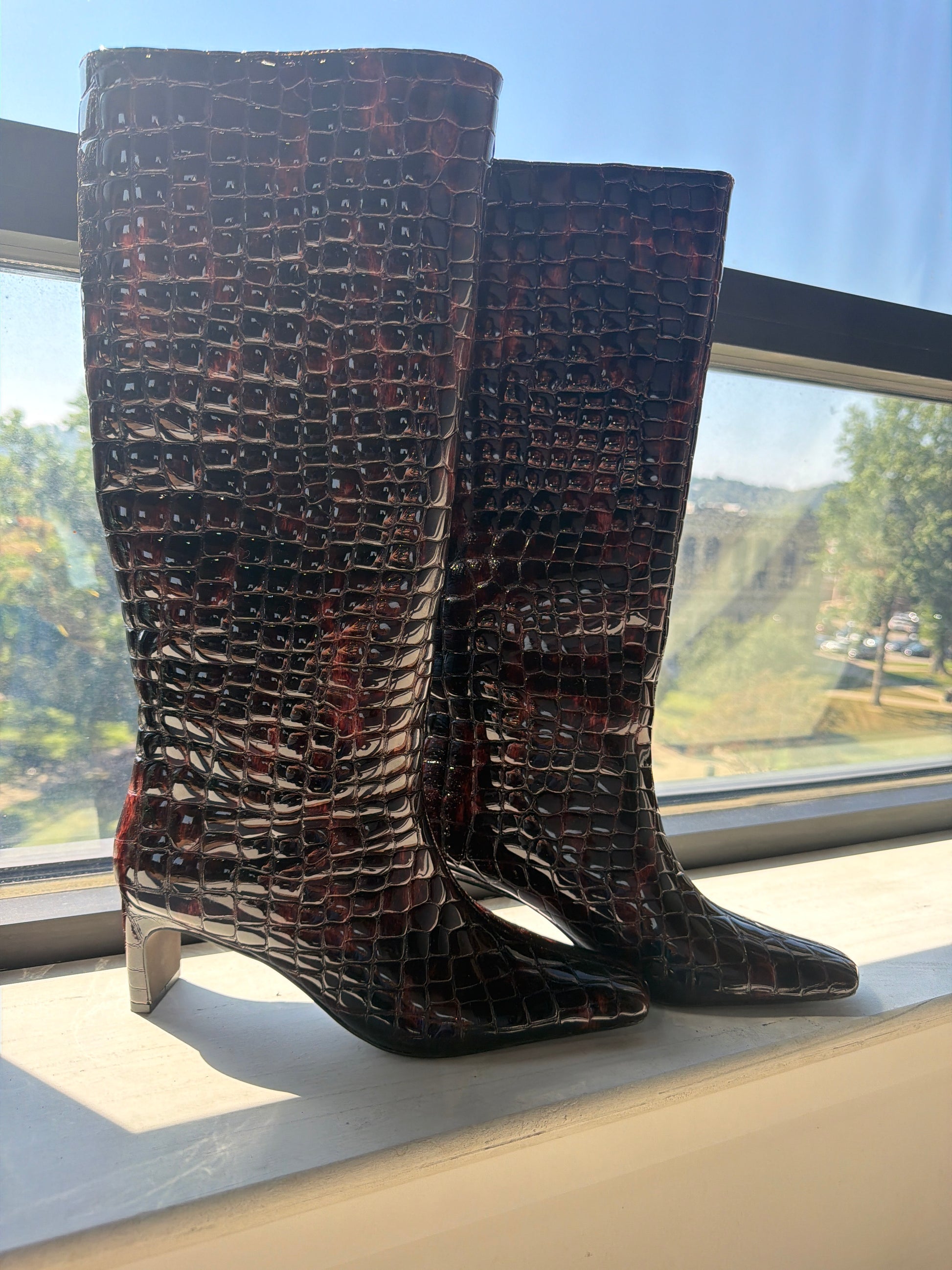 Steve Madden tall boots in tortoise crocodile-embossed patent leather with kitten heel