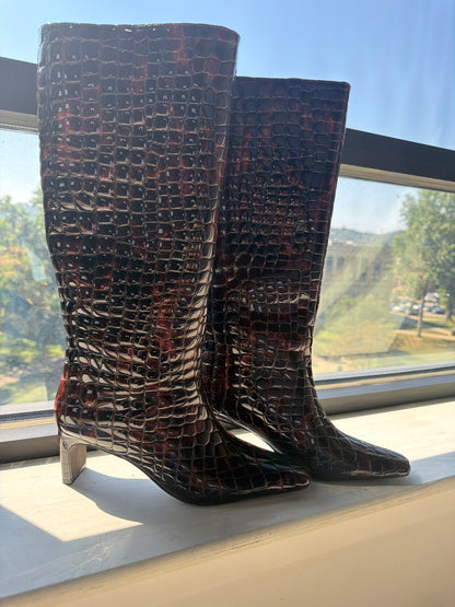Steve Madden tall boots in tortoise crocodile-embossed patent leather with kitten heel