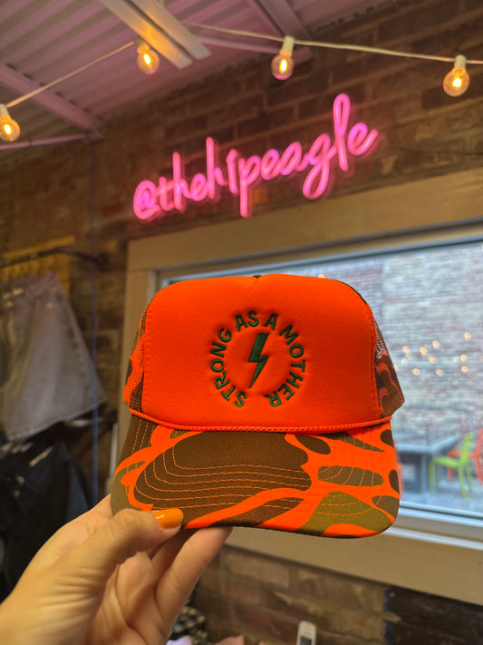 STRONG AS A MOTHER TRUCKER HAT X ORANGE CAMO