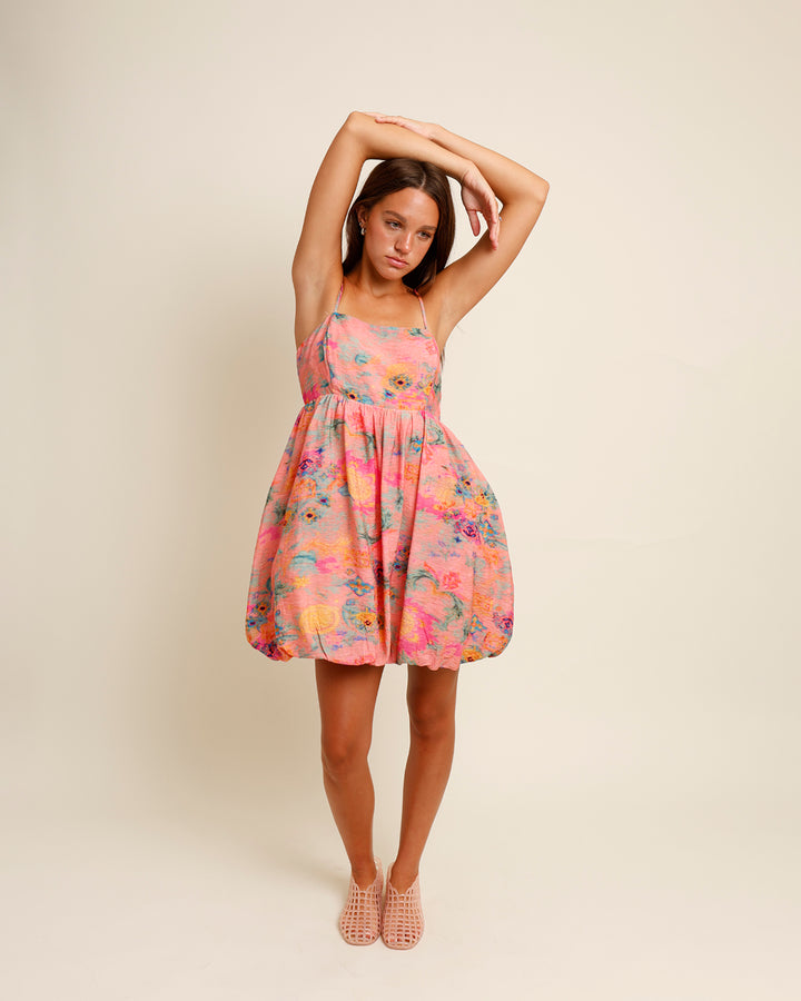 PAINT THE TOWN WATERCOLOR BUBBLE HEM MINI DRESS