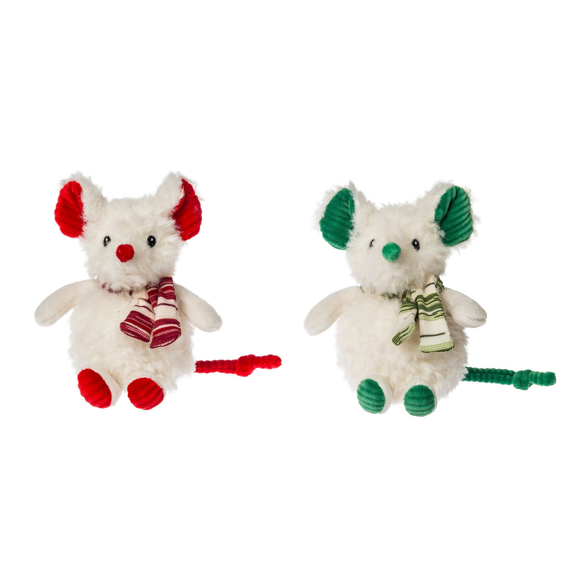 Two white plush mouse toys with red and green scarves, ears, and curly tails