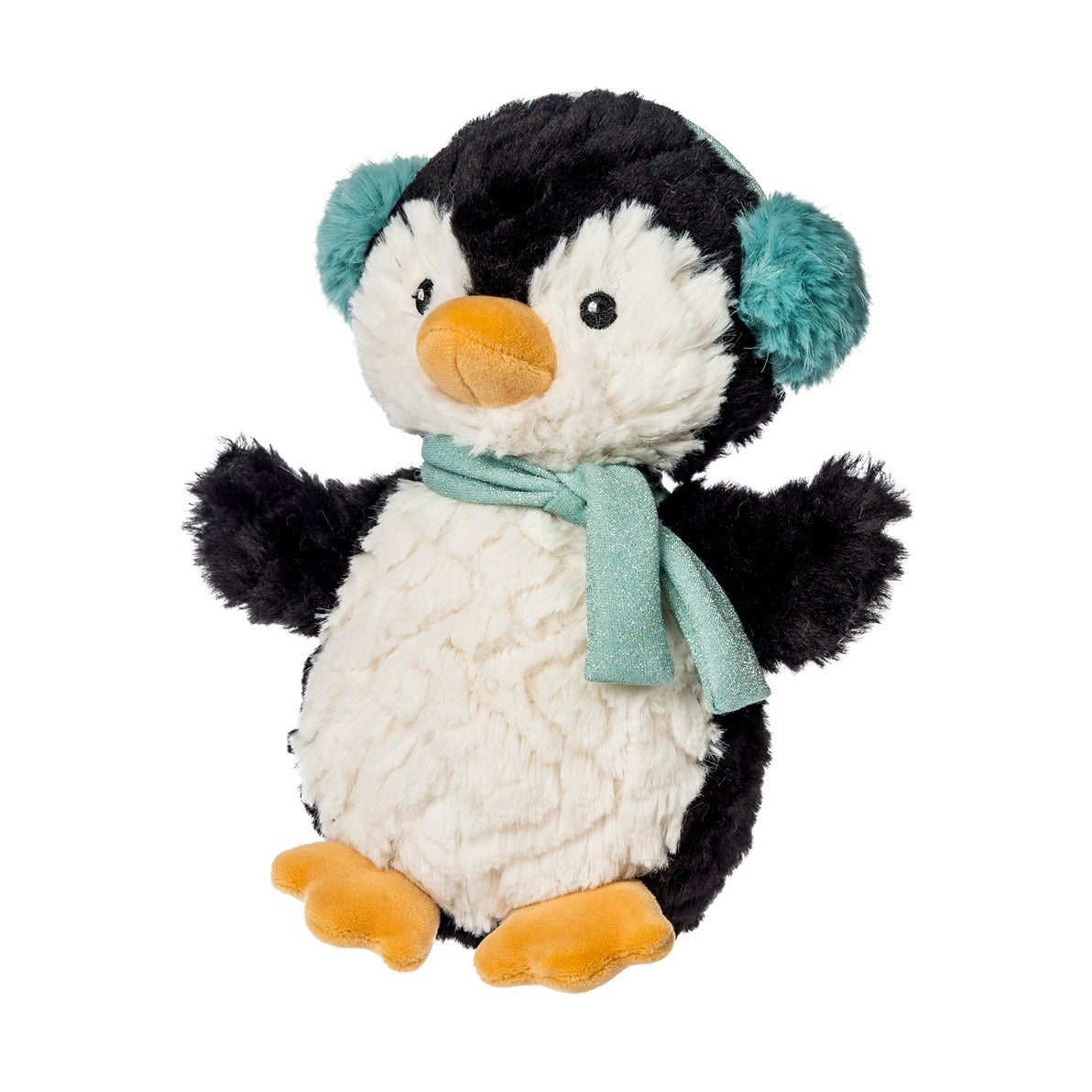 Mary Meyer putty penguin plush toy with teal earmuffs, scarf, and orange beak