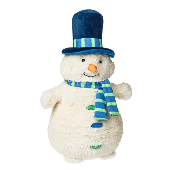White plush snowman with blue top hat, striped scarf, and orange carrot nose