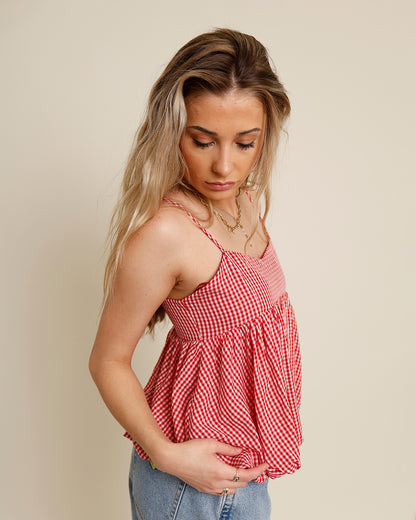 Red gingham babydoll top