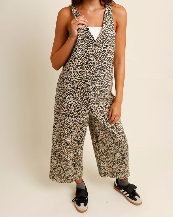 MESA LEOPARD PRINT DENIM OVERALLS