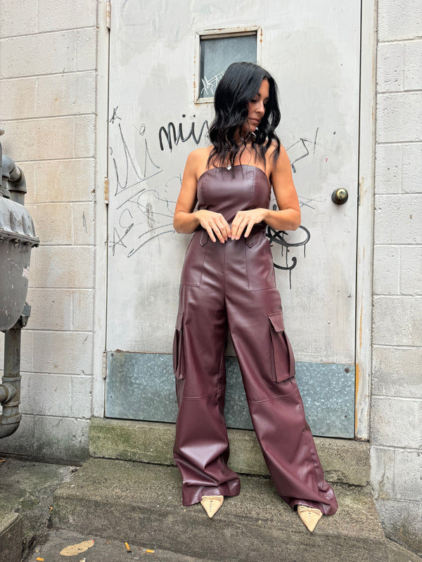 strapless maroon cargo faux leather jumpsuit 