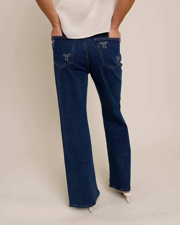 RHINESTONE BOW WIDE LEG JEANS