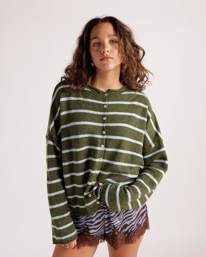 Olive green and baby blue striped knit cardigan with button front closure