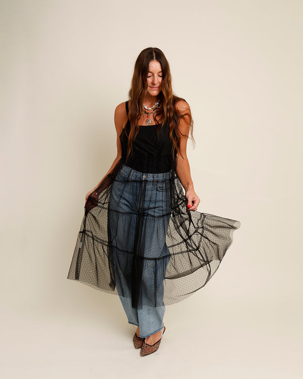 ISABELLE BLACK SHEER OVERLAY MIDI DRESS