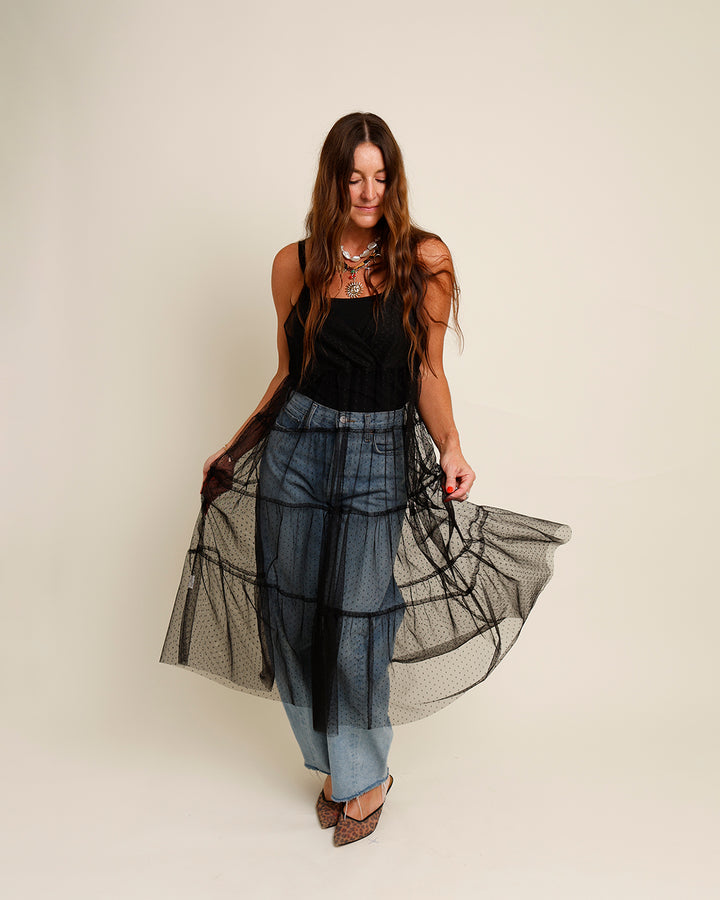 ISABELLE BLACK SHEER OVERLAY MIDI DRESS