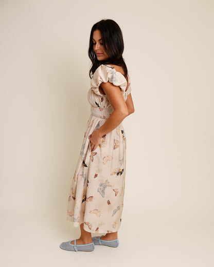 tan puff sleeve butterfly print midi dress